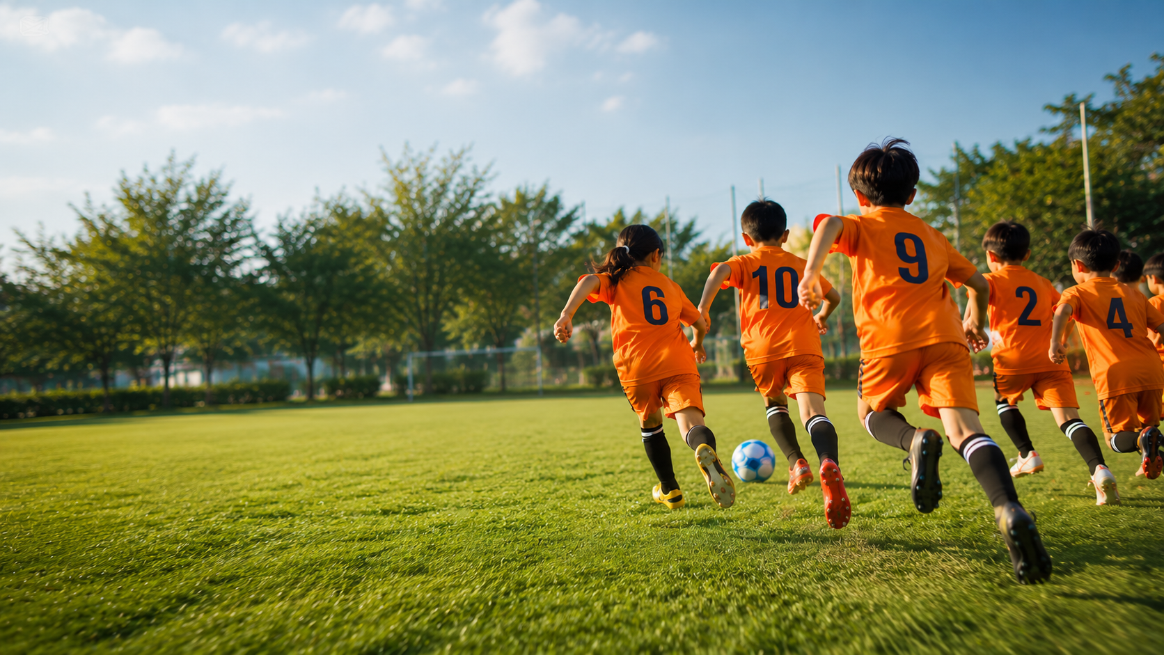 夕方のピッチでボールを追うジュニアサッカー選手たち